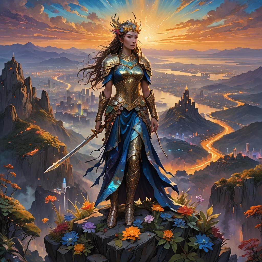 Ethereal Warrior Queen Cityscape at Dusk