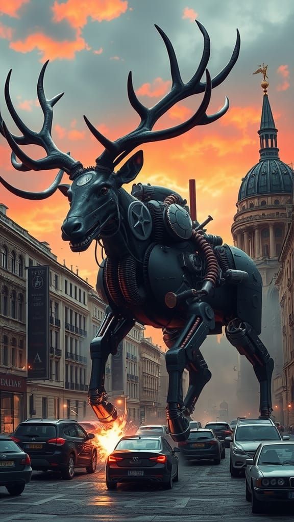 Mechanical Stag Rampages Through Berlin, Digital Art