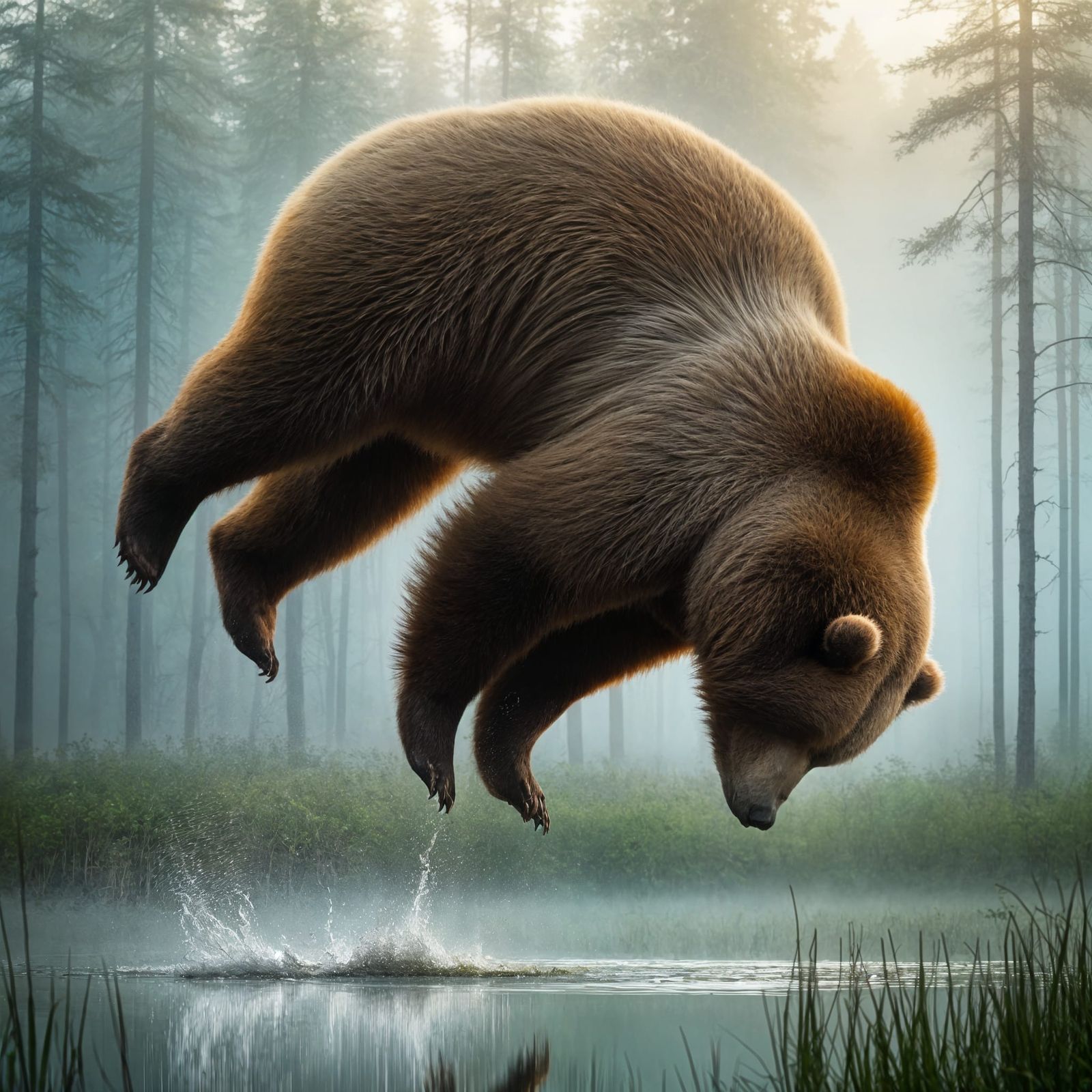 Surrealistic Grizzly Bear Dances through Misty Swampland