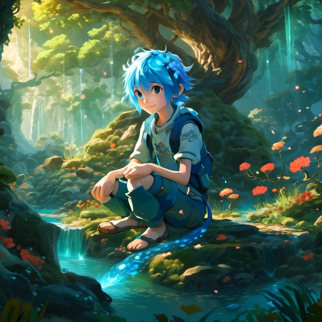 anime illustration, human with blue hair, majestic dragon, i...