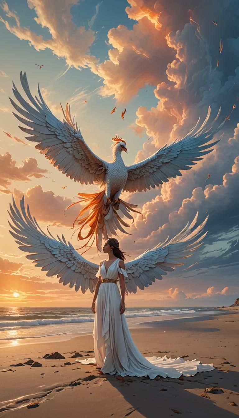 Woman and Phoenix on Beach, Fantasy Concept Art