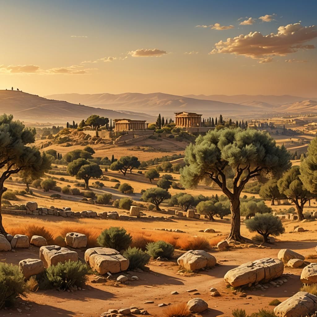Israel Landscape with Ancient Ruins and Olive Trees