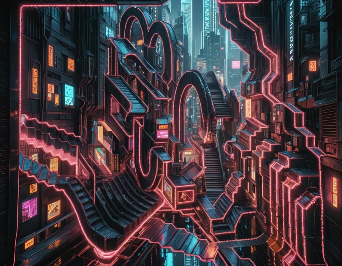 M.C. Escher-Inspired Cyberpunk Cityscape in Pixel Art