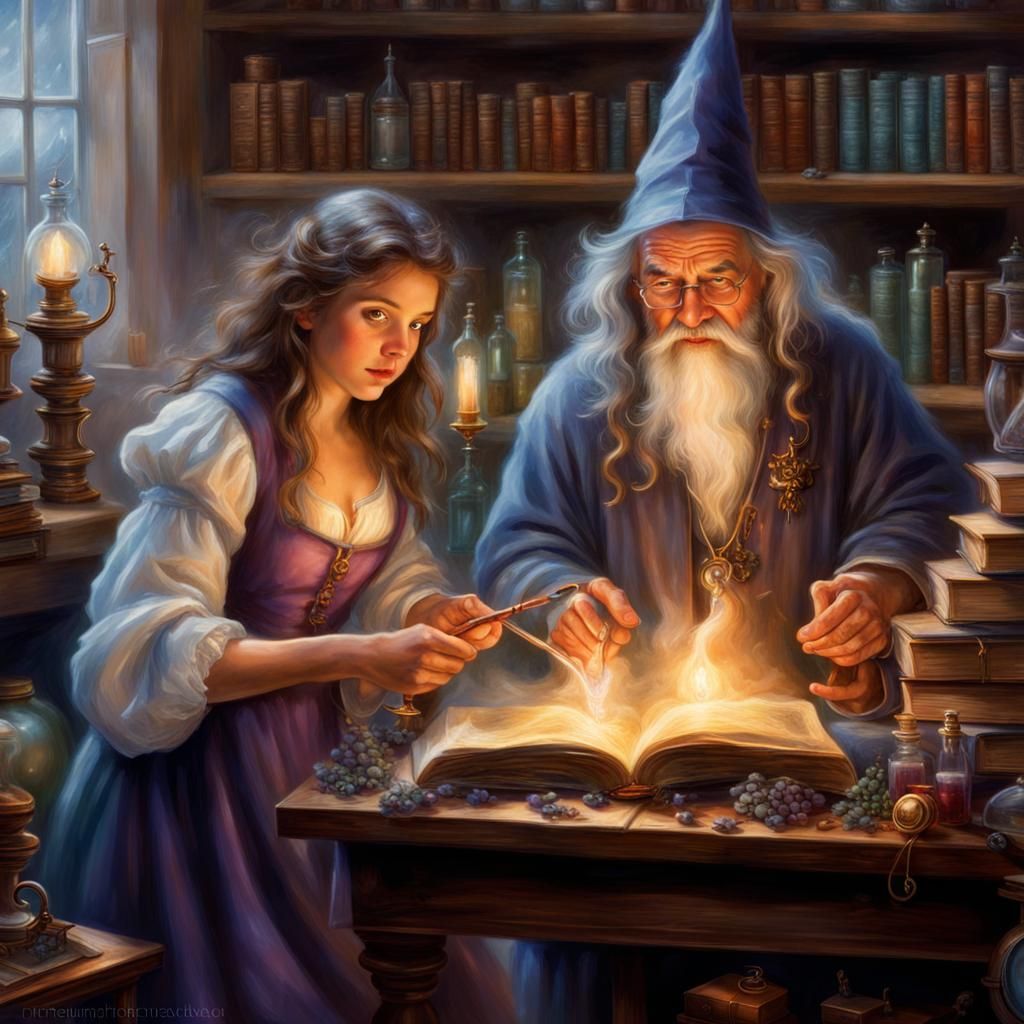 “OLD SORCERER AND YOUNG SORCERESS IN A LAB WITH BOOKS OPEN MIXING UP POTIONS” ethereal fantasy hyperdetailed mist Thomas...