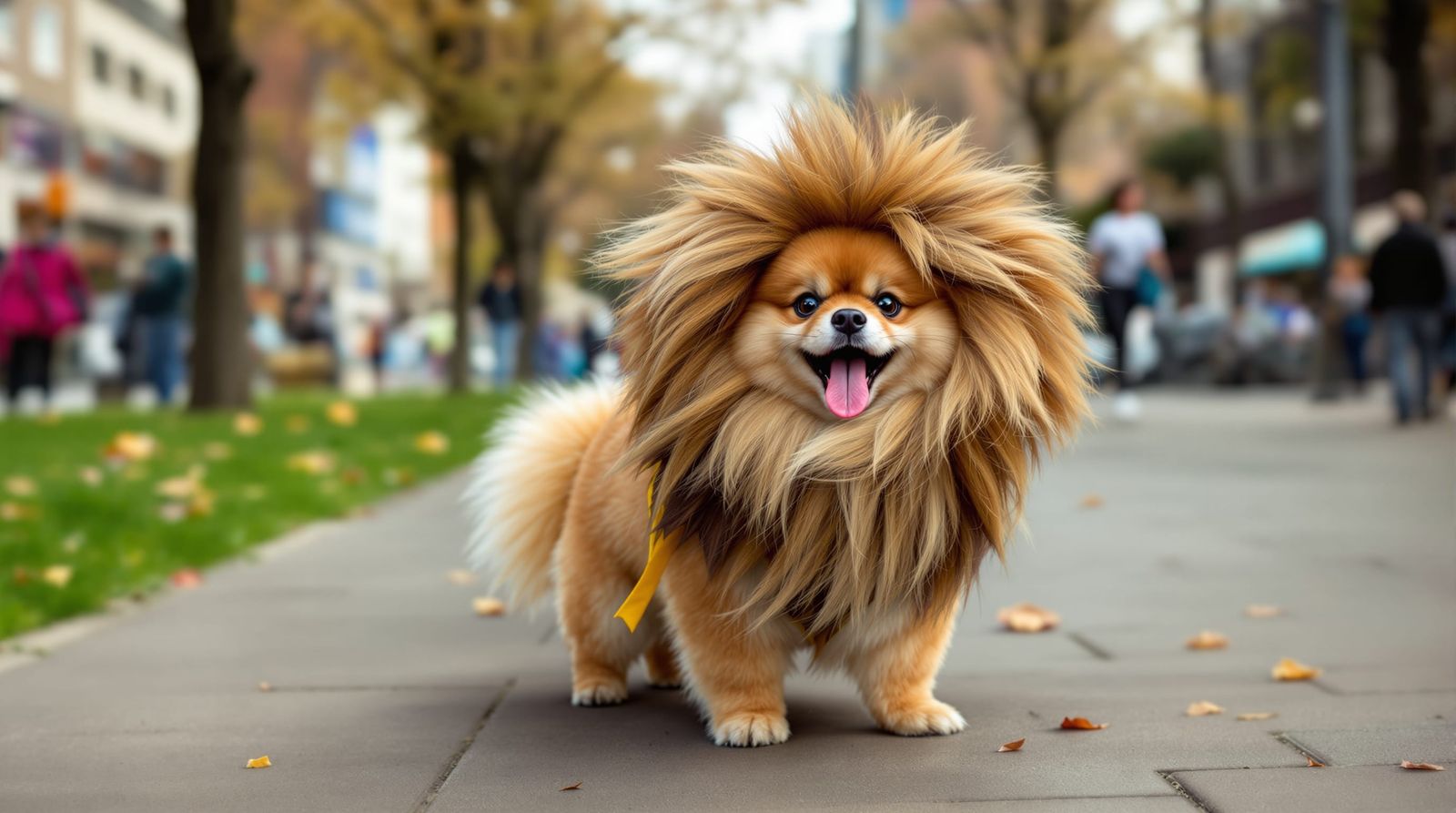 Pomeranian in Lion Costume in City Park