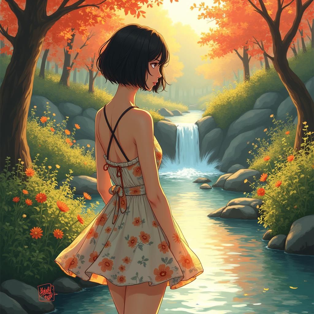 Woman in Floral Dress by Stream, Anime Style