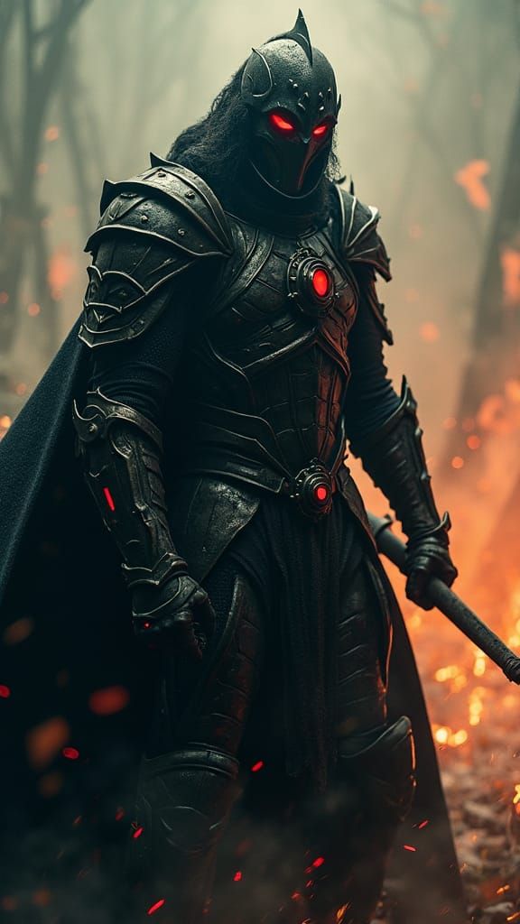 Powerful Armored Warrior in Ominous Landscape