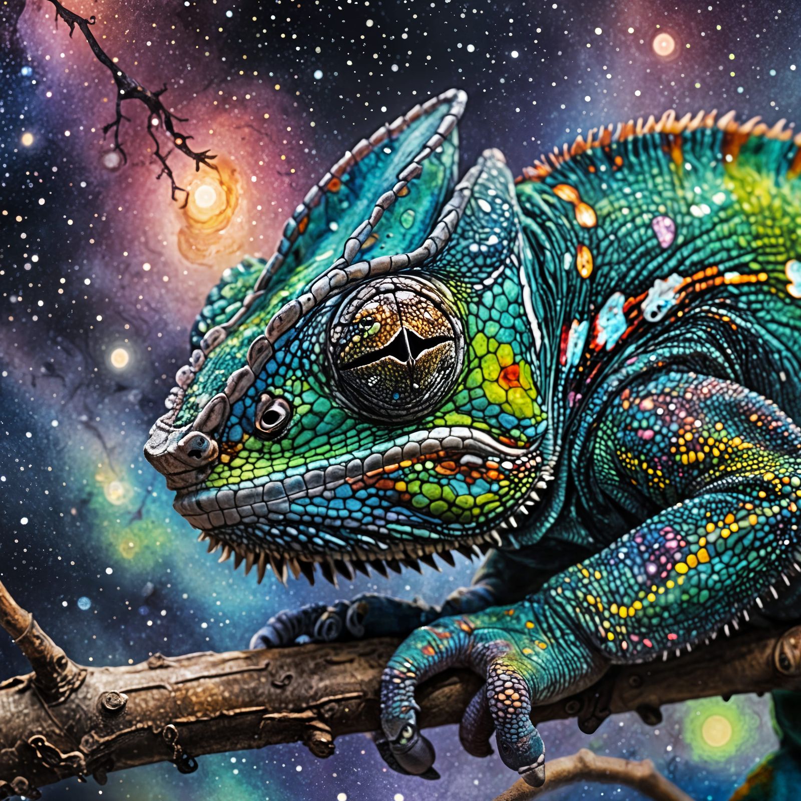Galaxy Chameleon Gazing at Nightscape