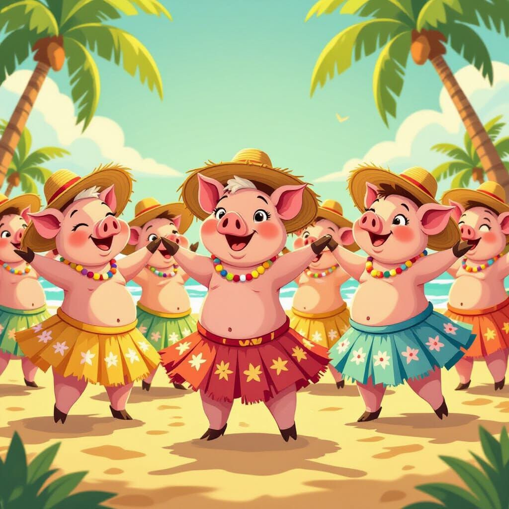 Pigs Dancing in Hula Skirts Under Golden Hour Light