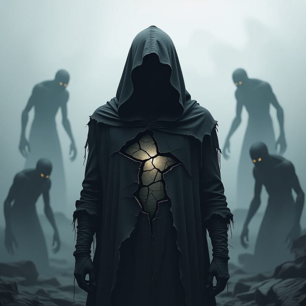Cracked Silhouette Surrounded by Shadow Monsters