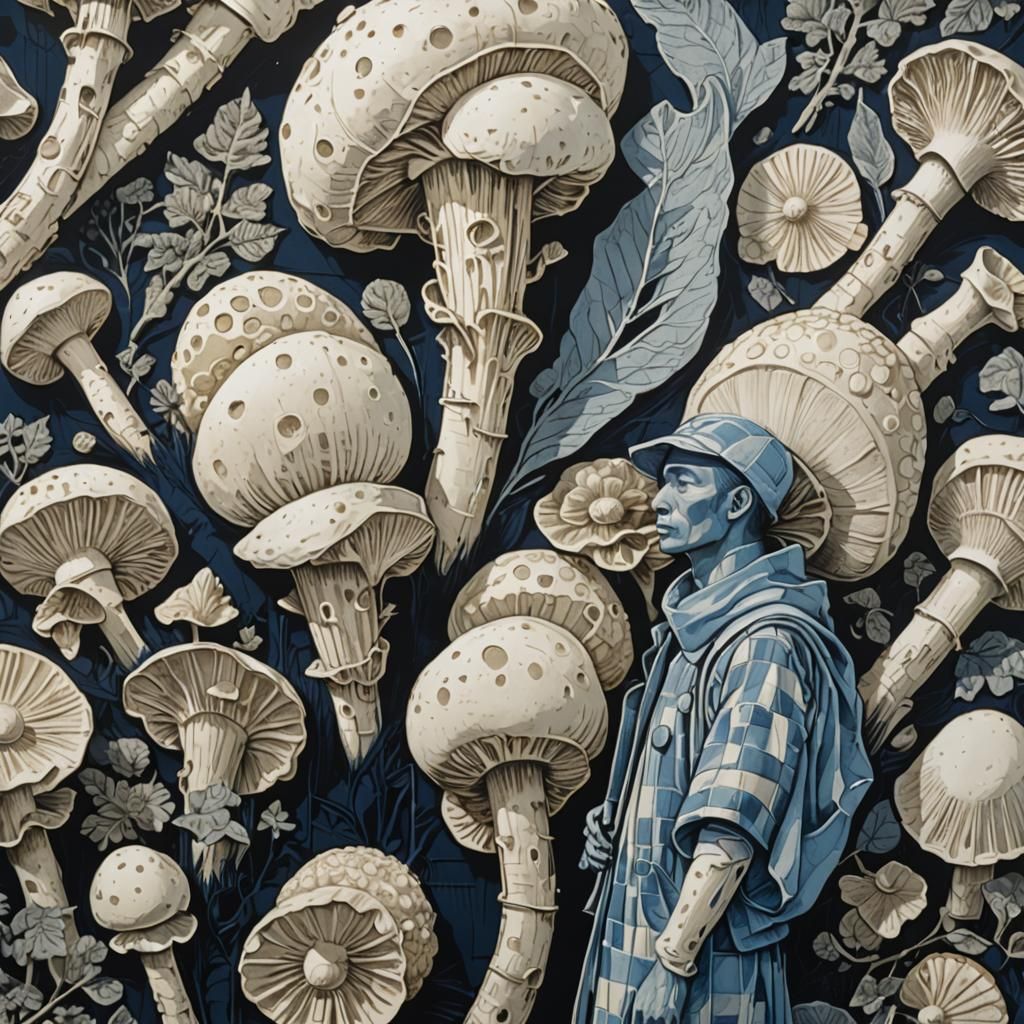 Linocut Art of Indonesian Workers Tending Mushrooms Amidst M...
