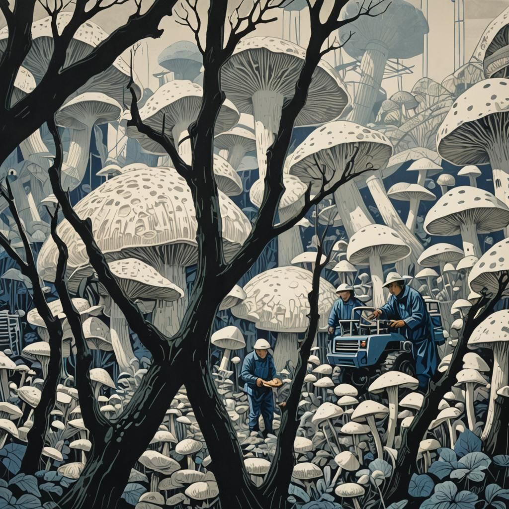 Indonesian Workers Tending Mushrooms in Linocut Print