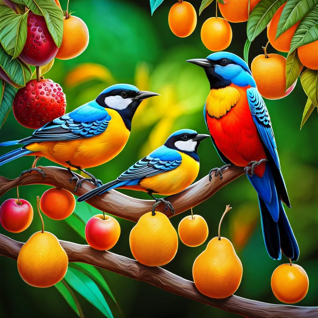 Vivid Paradise with Colorful Birds at Golden Hour