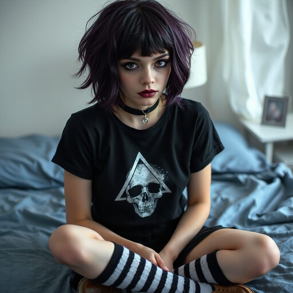 Goth Teenage Woman with Skull T-Shirt