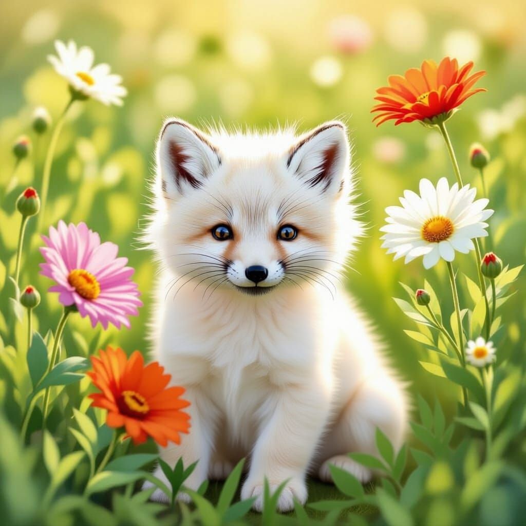 Baby Arctic Fox Peeking From Wildflowers in Storybook Style