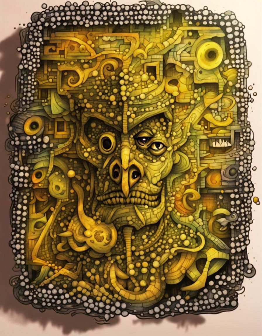 Vibrant Demon Face in Cluttered Line-Art Universe
