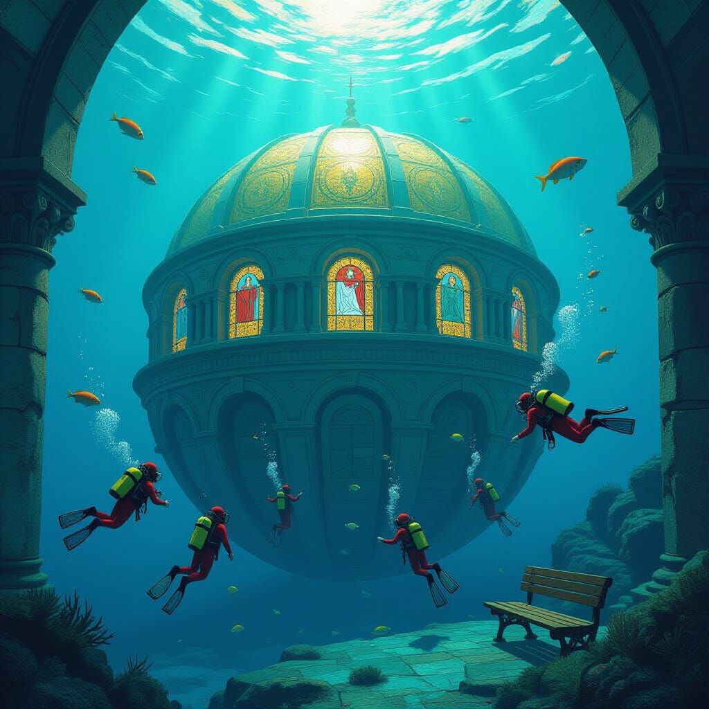 Underwater Stone Dome with Divers, Atmospheric Landscape