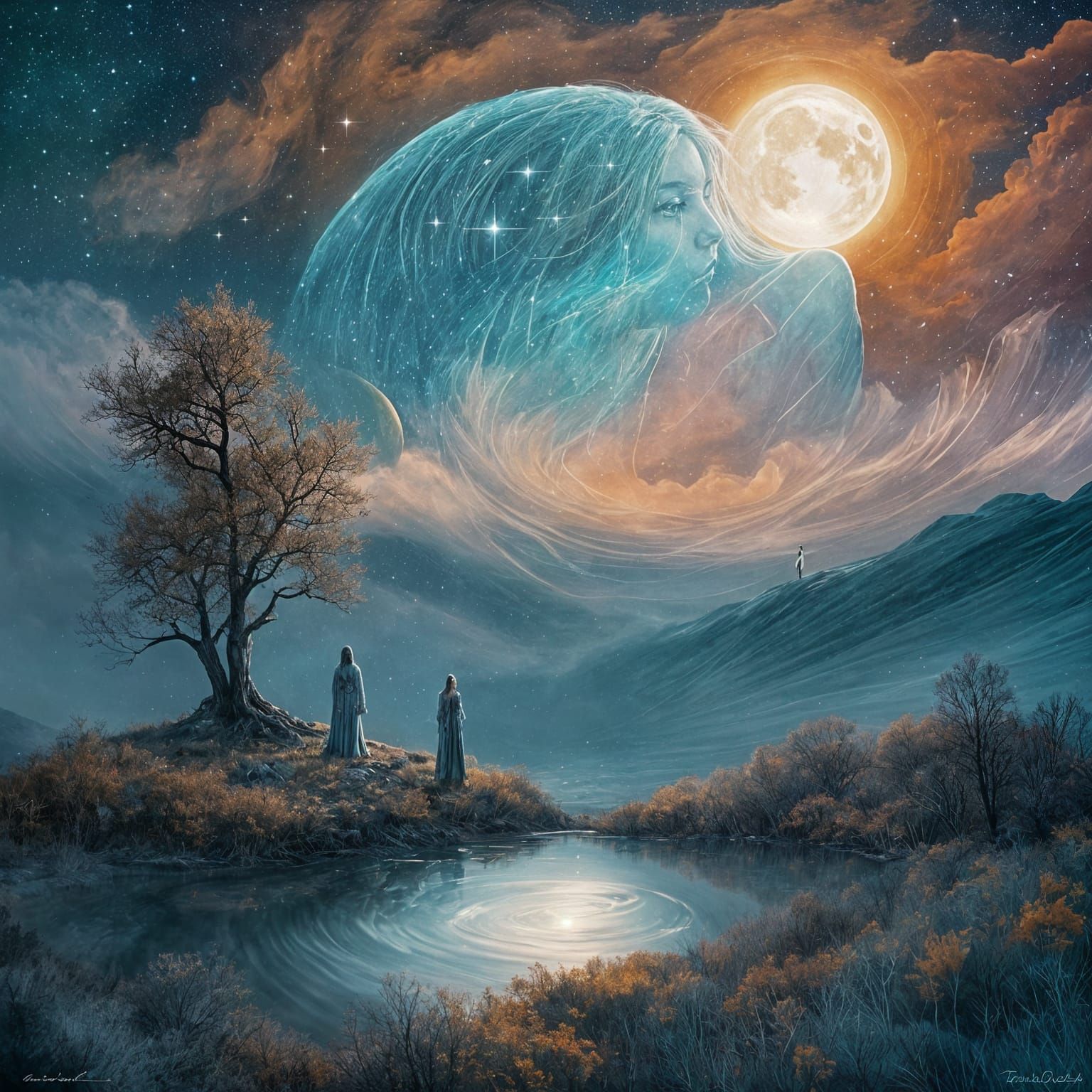 Ethereal Angel on Crescent Moon in Double Exposure