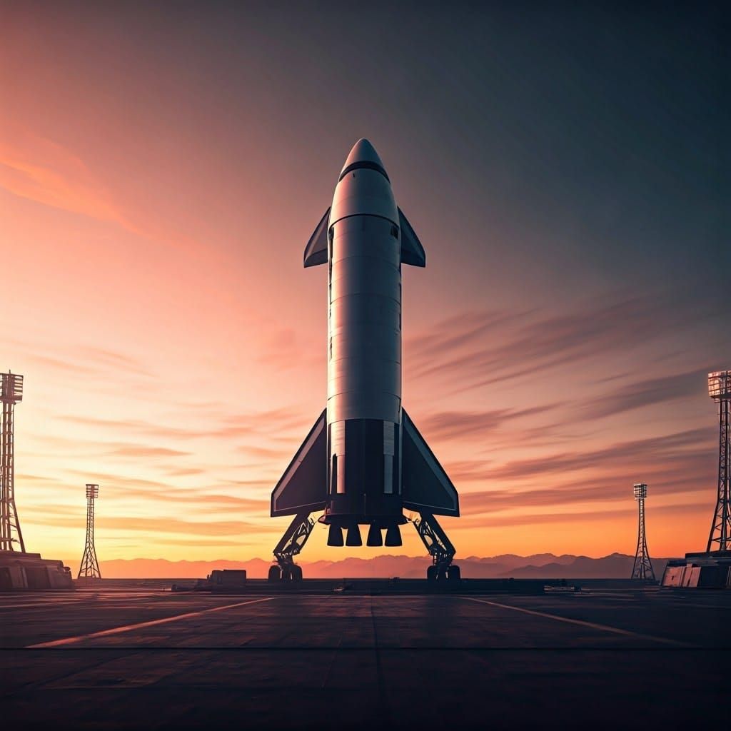 Surreal Starship Launch Under Vibrant Sunset Glow