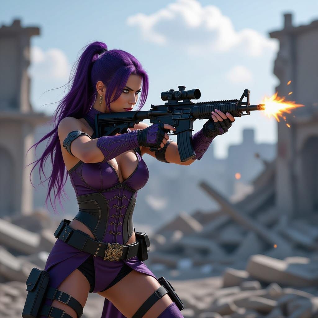 Sensuous Warrior Woman with Purple Hair in Dynamic Combat Po...