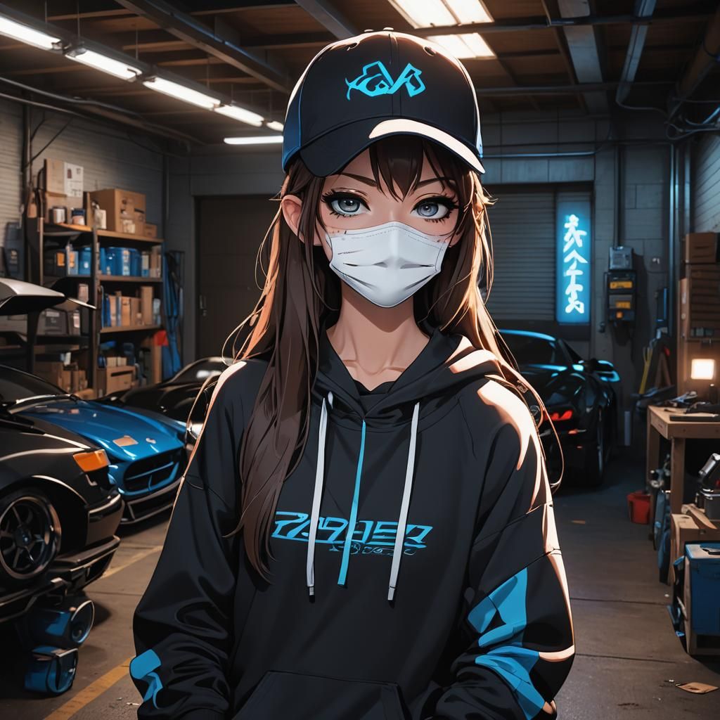 Anime Sports Car and Girl in Neon Garage