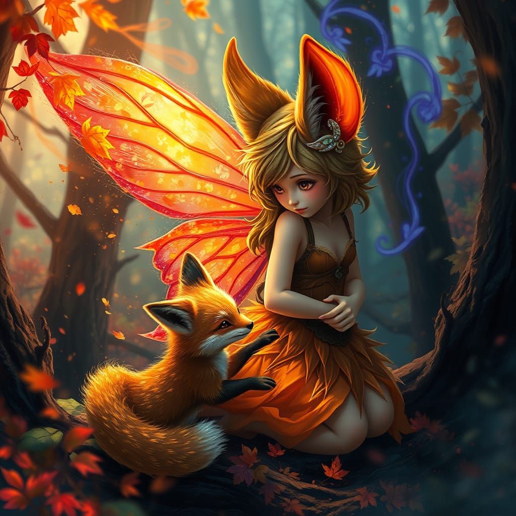 Wood Fairy Kitsune and Baby Fox in Enchanted Forest