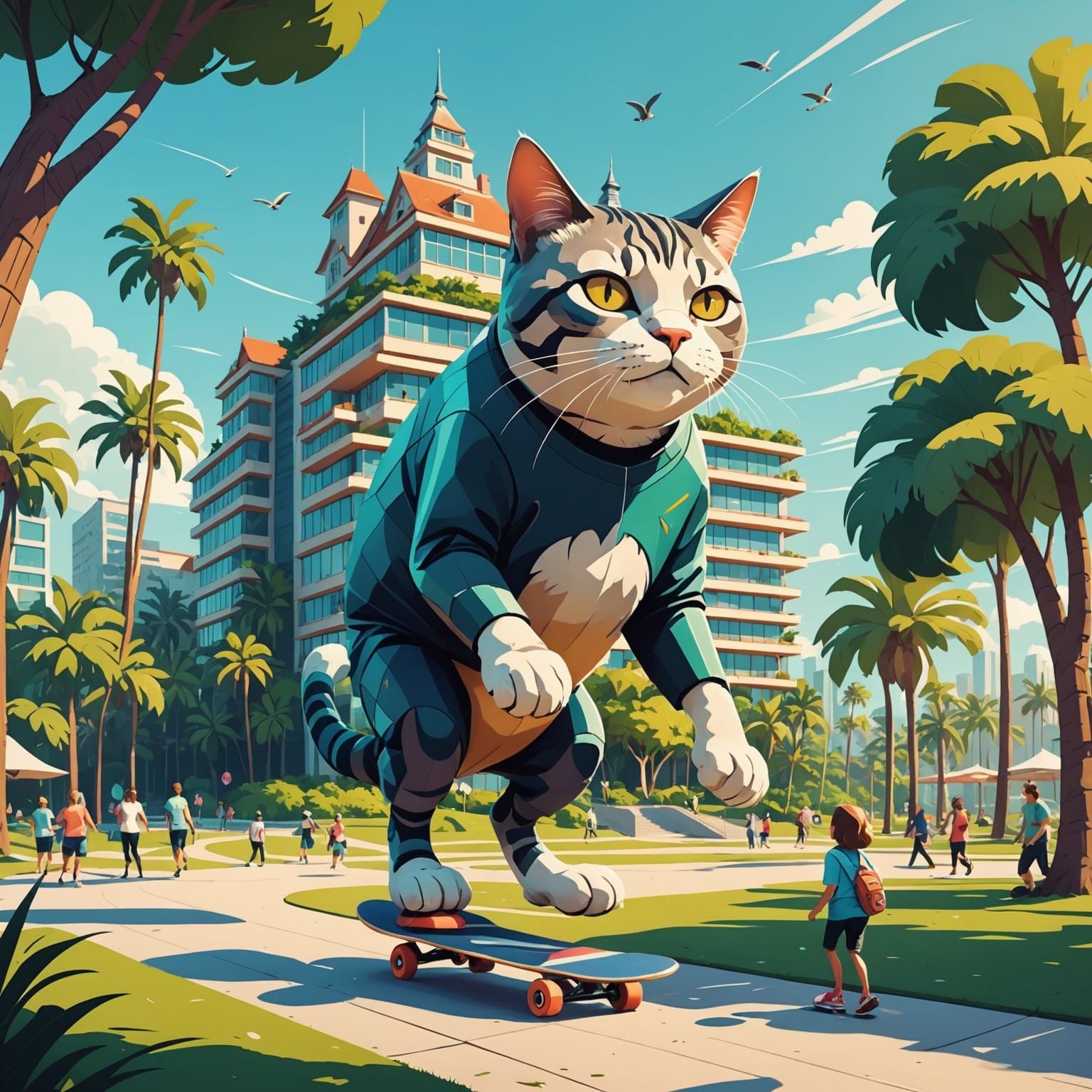 Giant Cat Building with Skateboarding Grandma