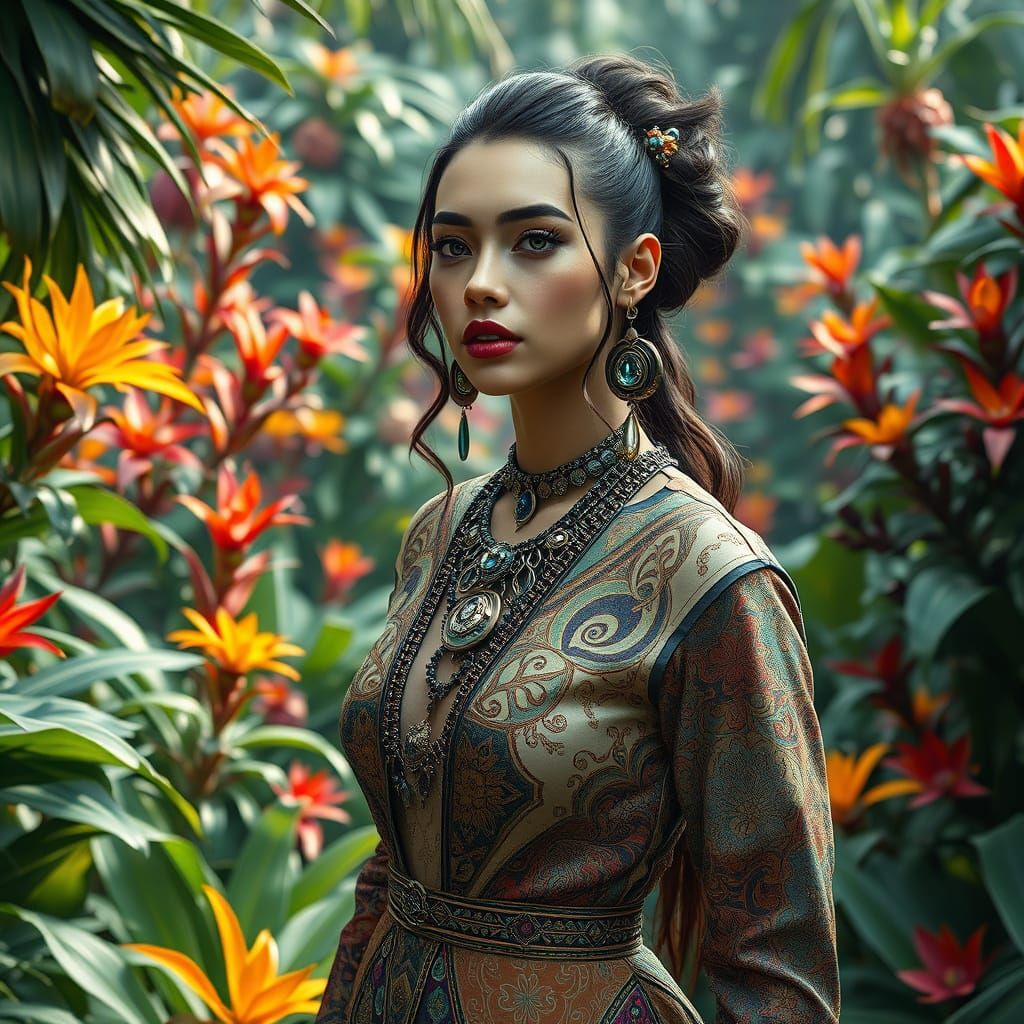 Hyperrealistic Woman in Lush Garden, Digital Art