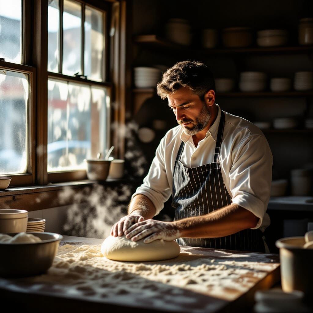 Baker Kneading Dough in Dusty Sunlight