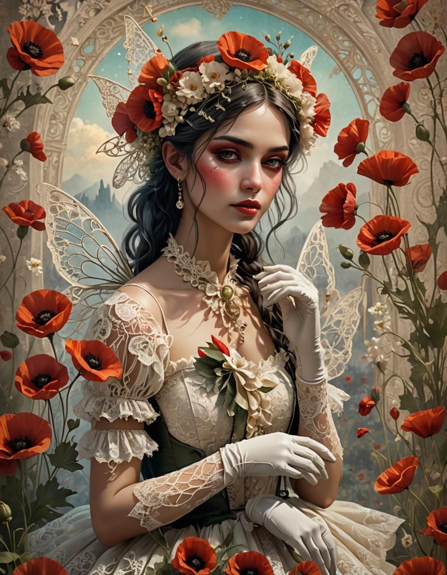 Vintage Grunge Summer Fairy with Flowers and Lace