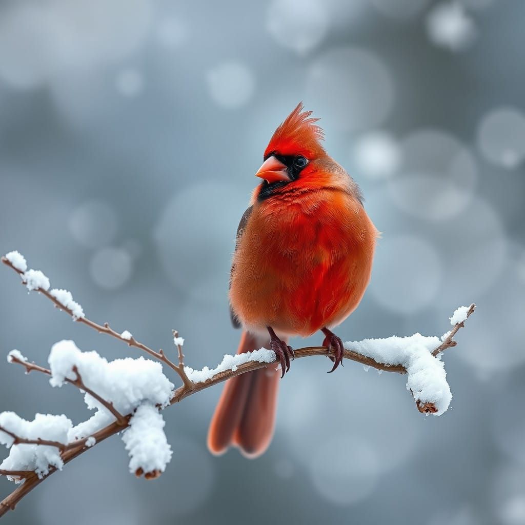 Majestic Cardinal Perched on Delicate Snow-Covered Branch