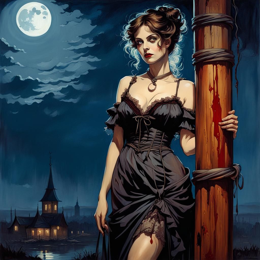 Gothic Woman Portrait in Bloody, Gritty Oil Painting