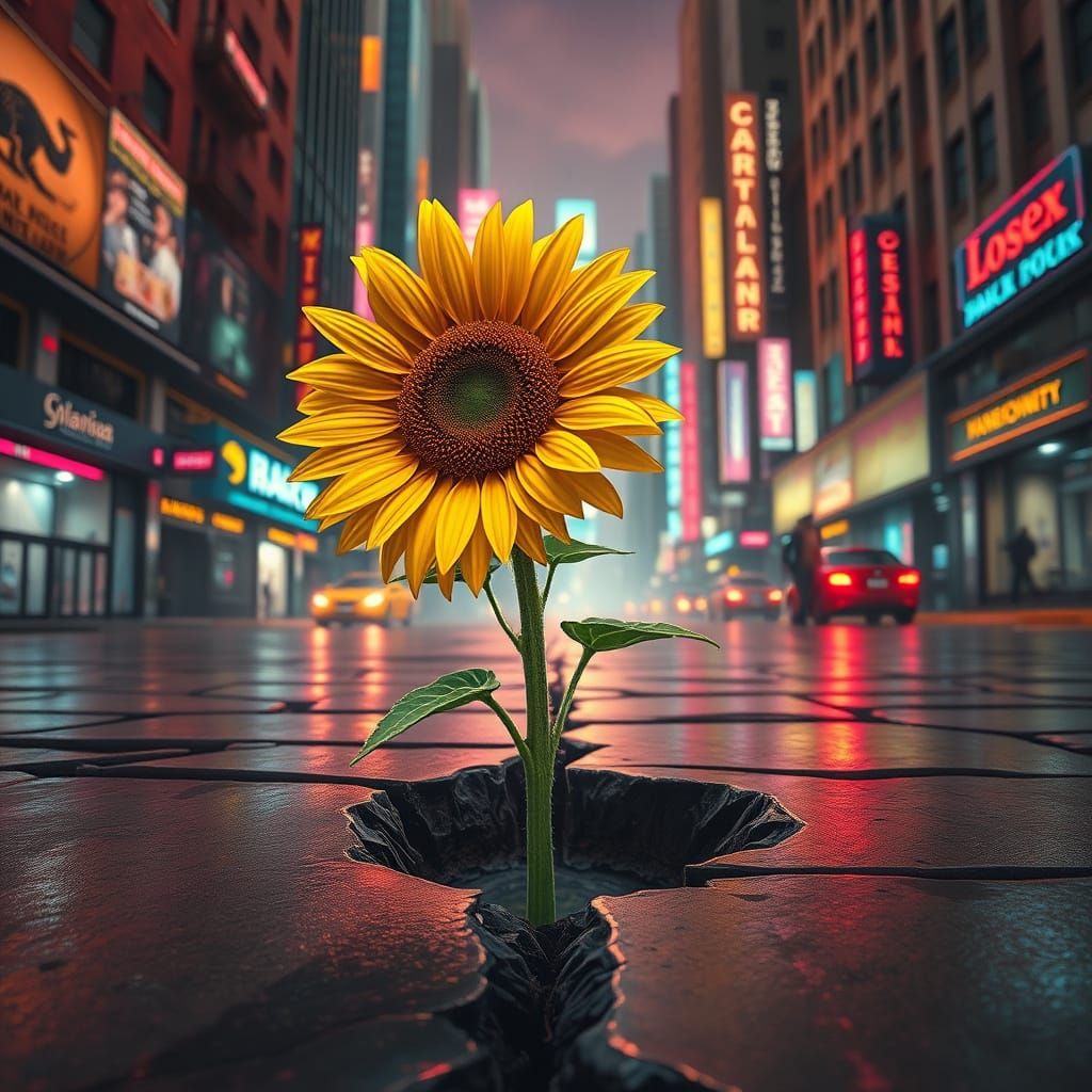 Cyberpunk Sunflower: Classical Sculpture Meets Urban Decay
