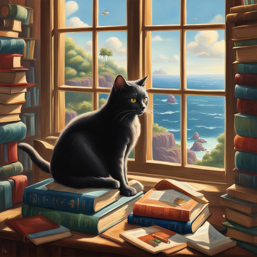 Black Cat by Window, Pixar-Style Ocean View