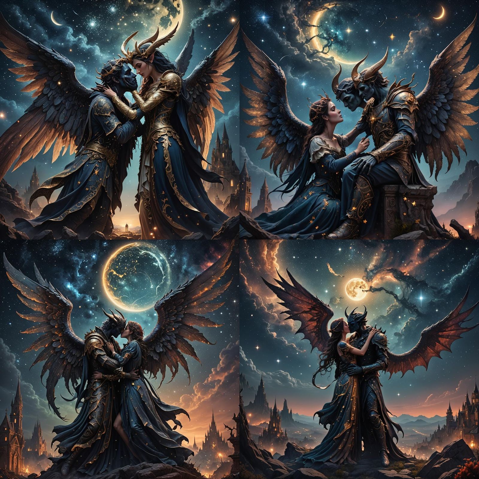 Angelic Demon Couple Kissing Under Starry Sky
