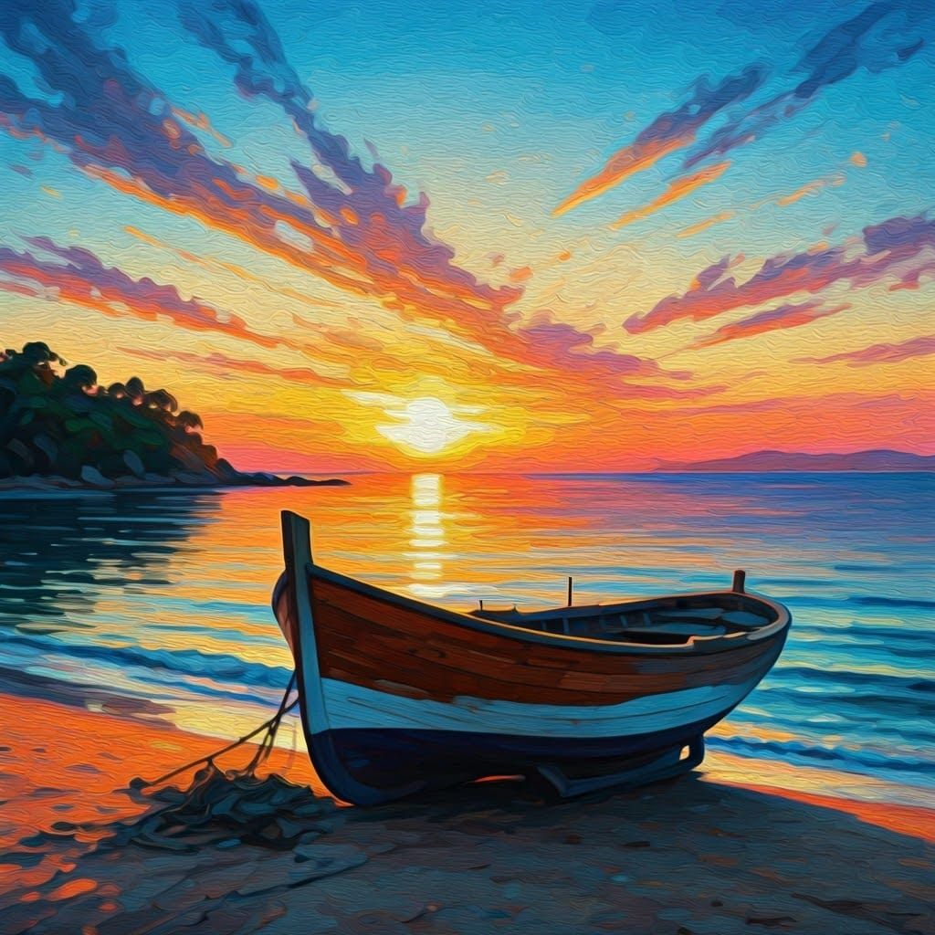Seascape Painting of Sailboat at Sunset in Pointillism Style