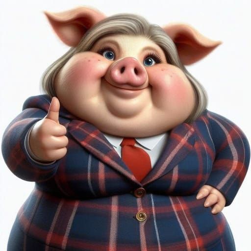 Surreal Pig Woman Gives Thumbs Up in Vibrant Digital Paintin...