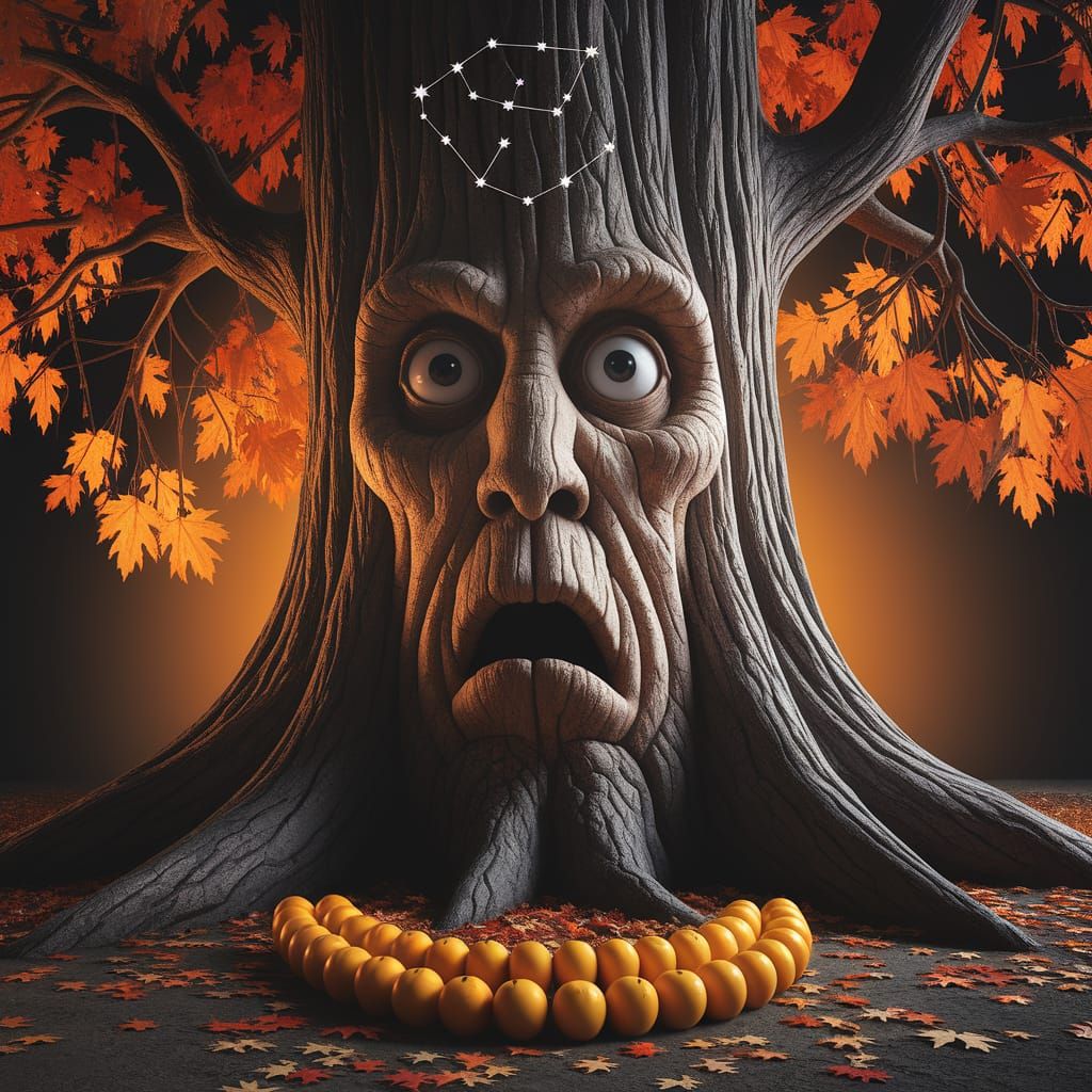 Tree with Surprised Facial Expression in Autumn Landscape