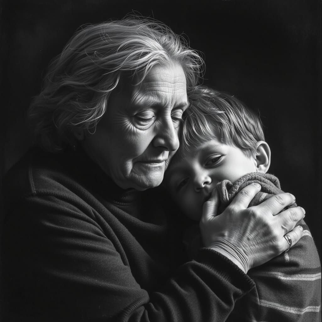 Intimate Black-and-White Charcoal Portrait of Mother and Son
