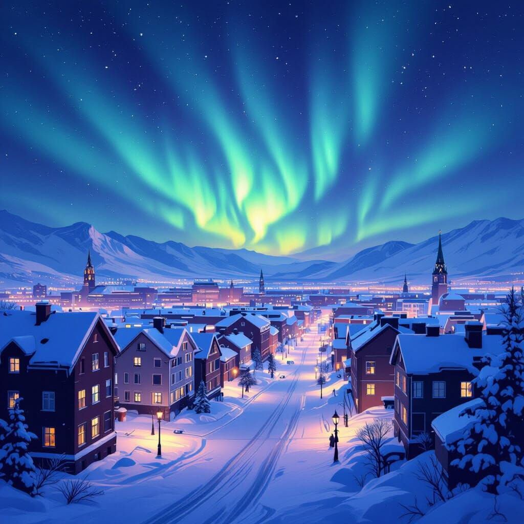 Aurora Borealis Over Snowy Northern European Cityscape