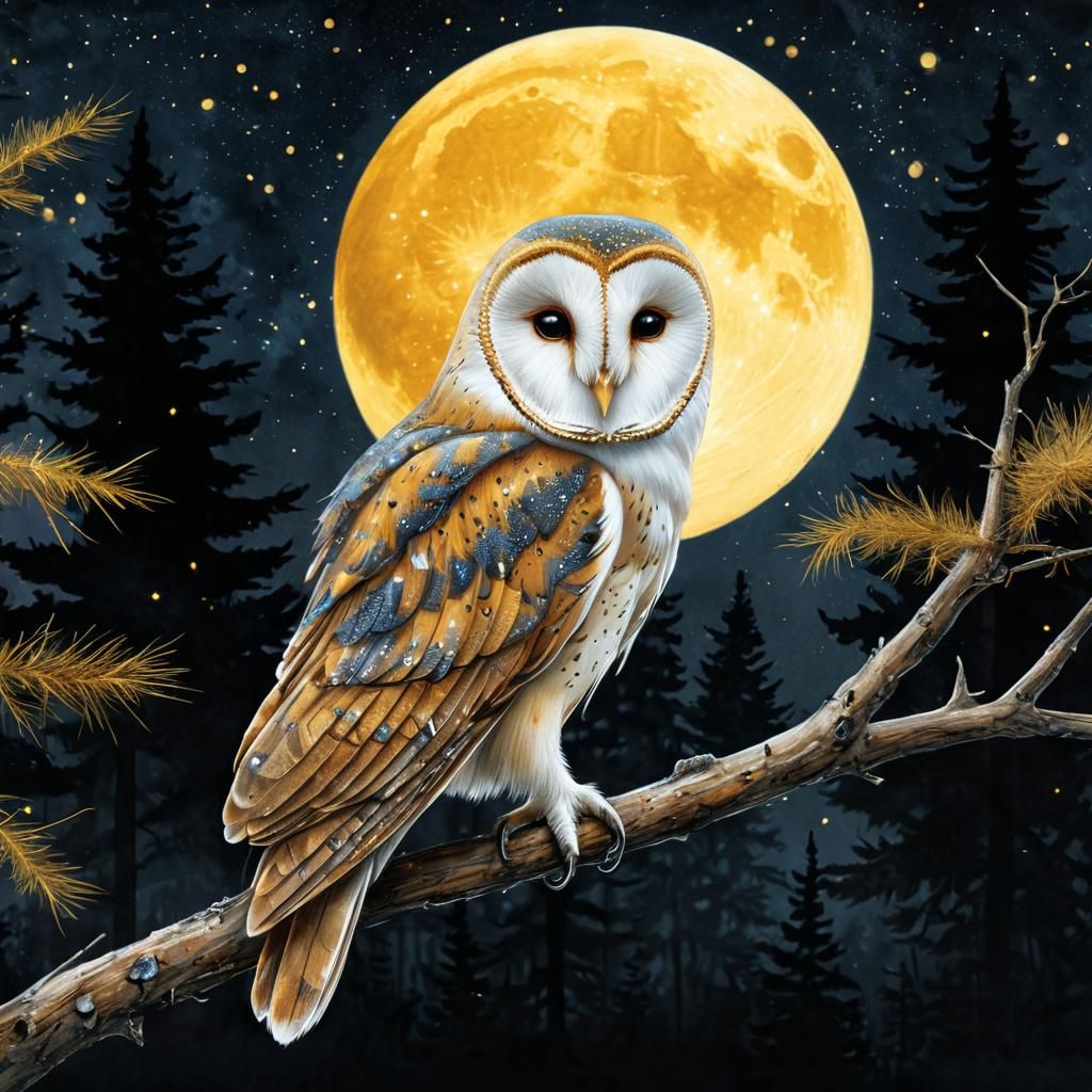 Barn Owl in Enchanted Forest, Digital Watercolor Illustratio...