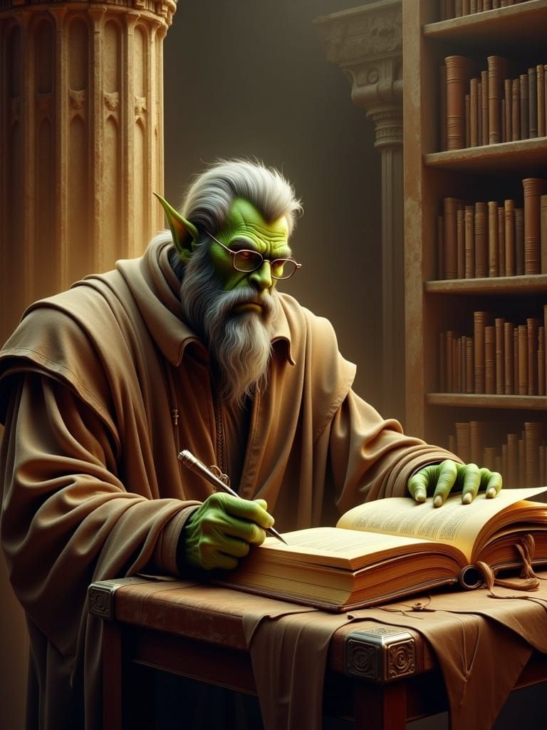 Orc Friar Scribe in Ancient Monastery Library