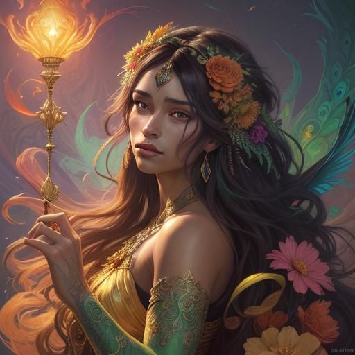 Dragon Peacock Woman Portrait in Abstract Expressionism