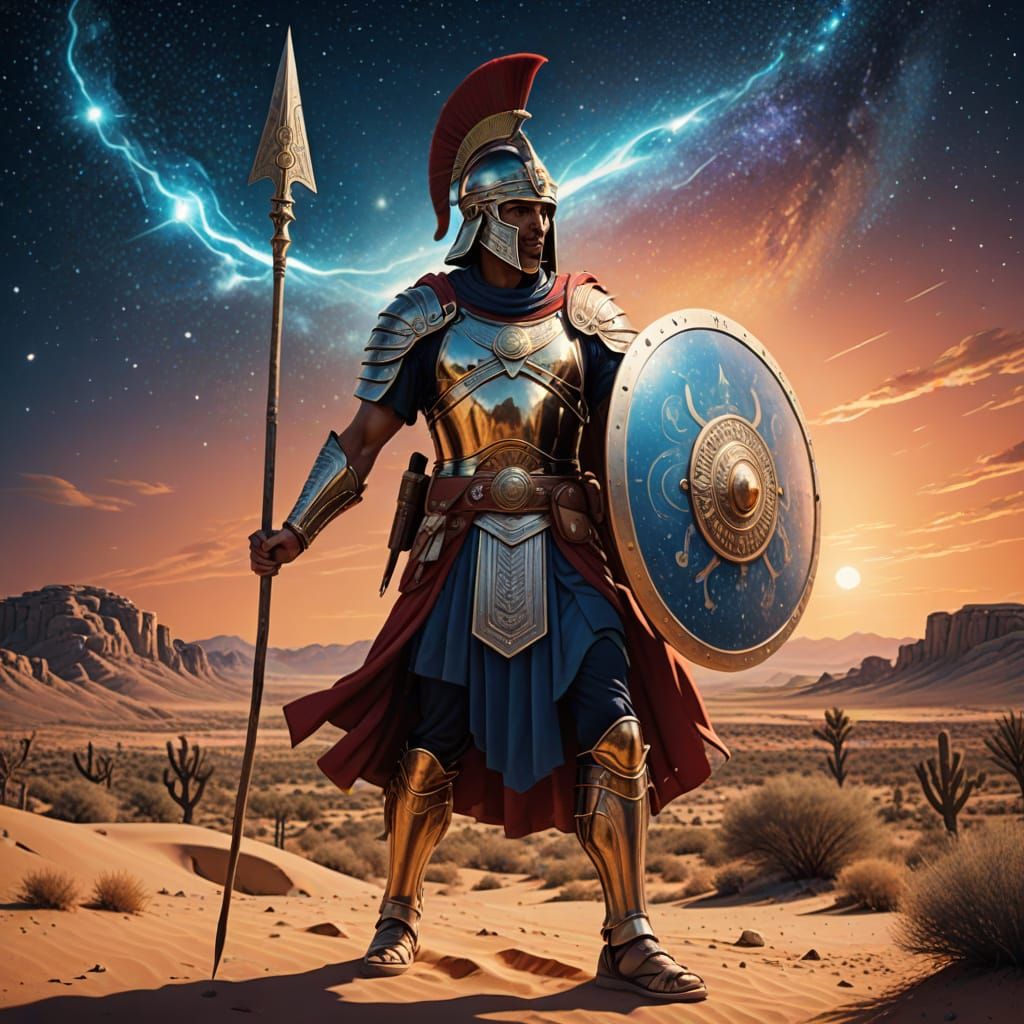Ancient Greek Soldier in Desert, Cosmic Illustration