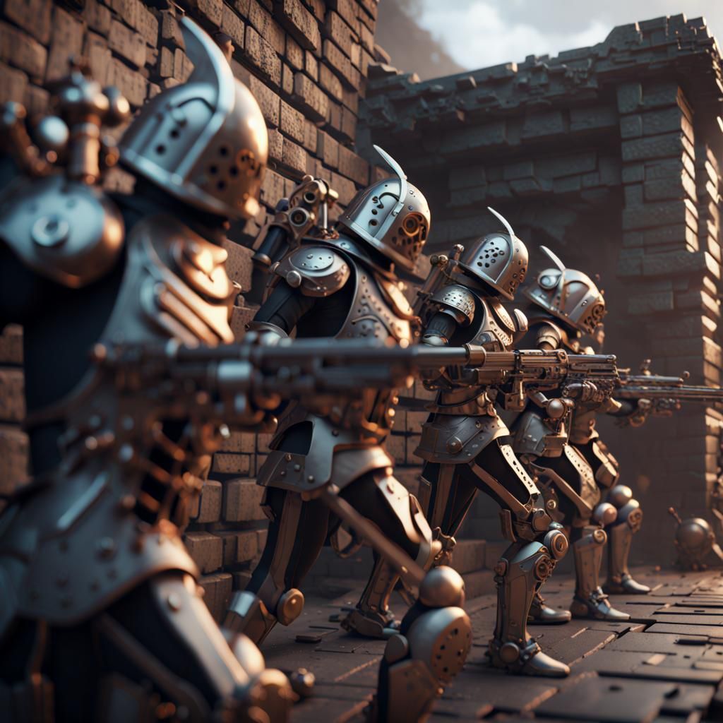 Clockwork Soldiers Defending Wall: Steampunk Sci-Fi