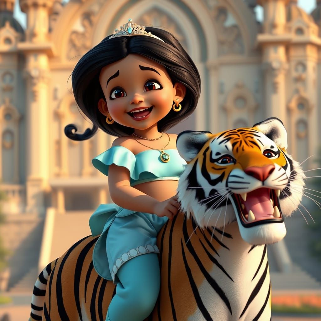 Baby Princess Jasmine Rides Tiger Near Palace