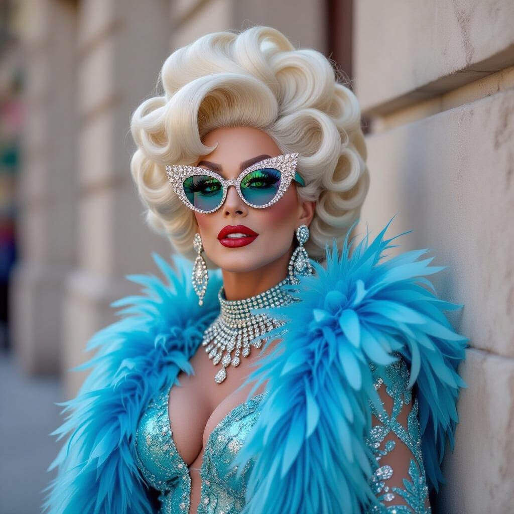 Drag queen, bouffant beehive hair, rhinestone-rimmed sunglas...