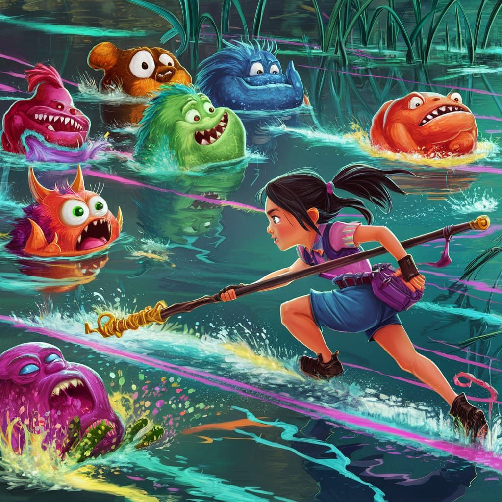 Fearless Girl Chasing Neon Monsters in Everglades