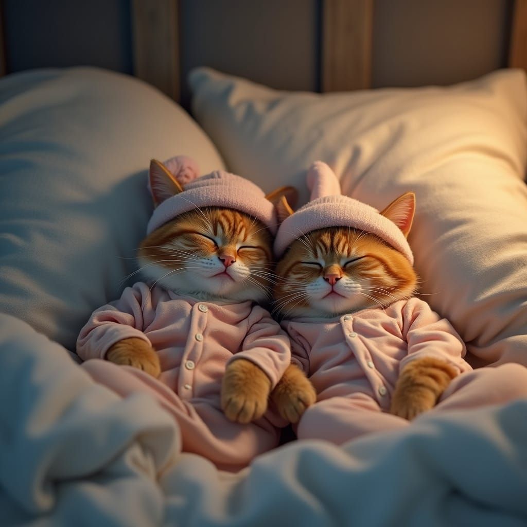 Anthropomorphic Cats Sleeping Peacefully in Bed