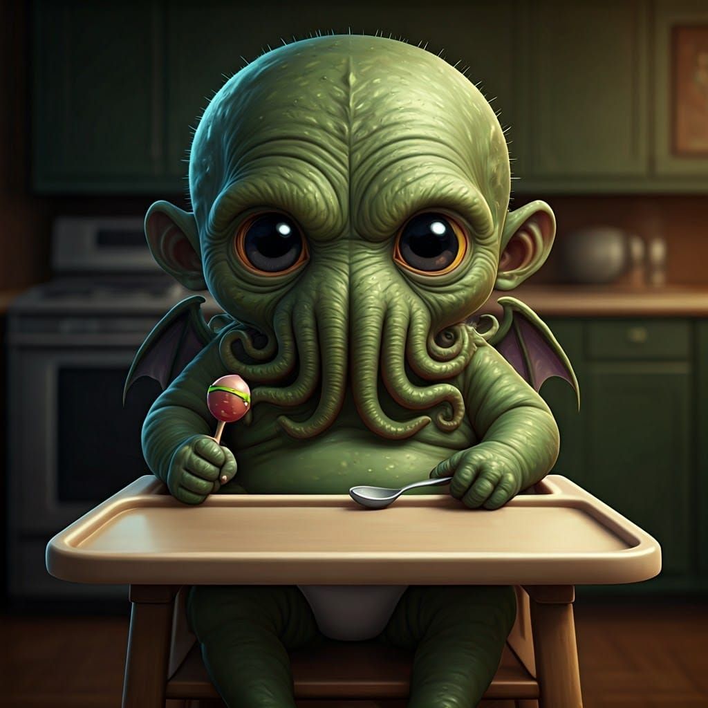 Cute 3D Baby Cthulhu in High Chair